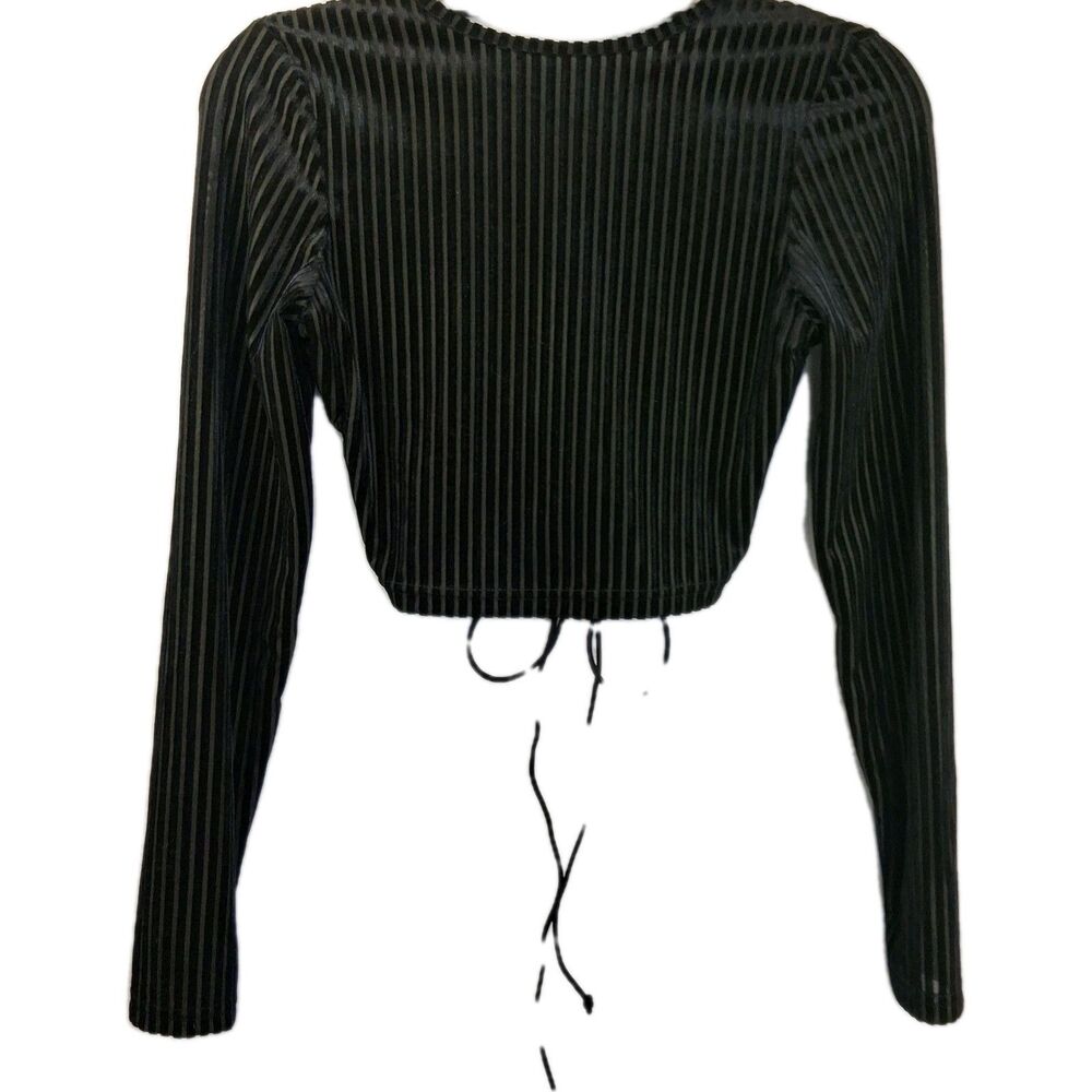 Shein Black Ribbed Velvet Long Sleeve Lace-up Back Crop Top Size S